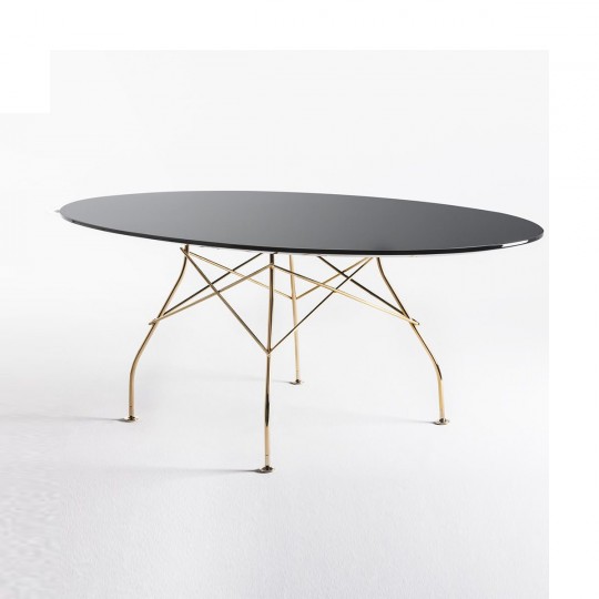 Glossy Table Structure Dorée/MPF Laqué Noir avec Plateau en Verre