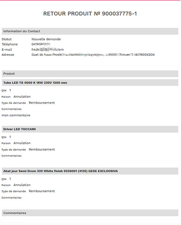 nouvelle demande de retour produit